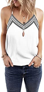 Women's V Neck Strappy Embroidery Tank Tops Loose Casual Sleeveless